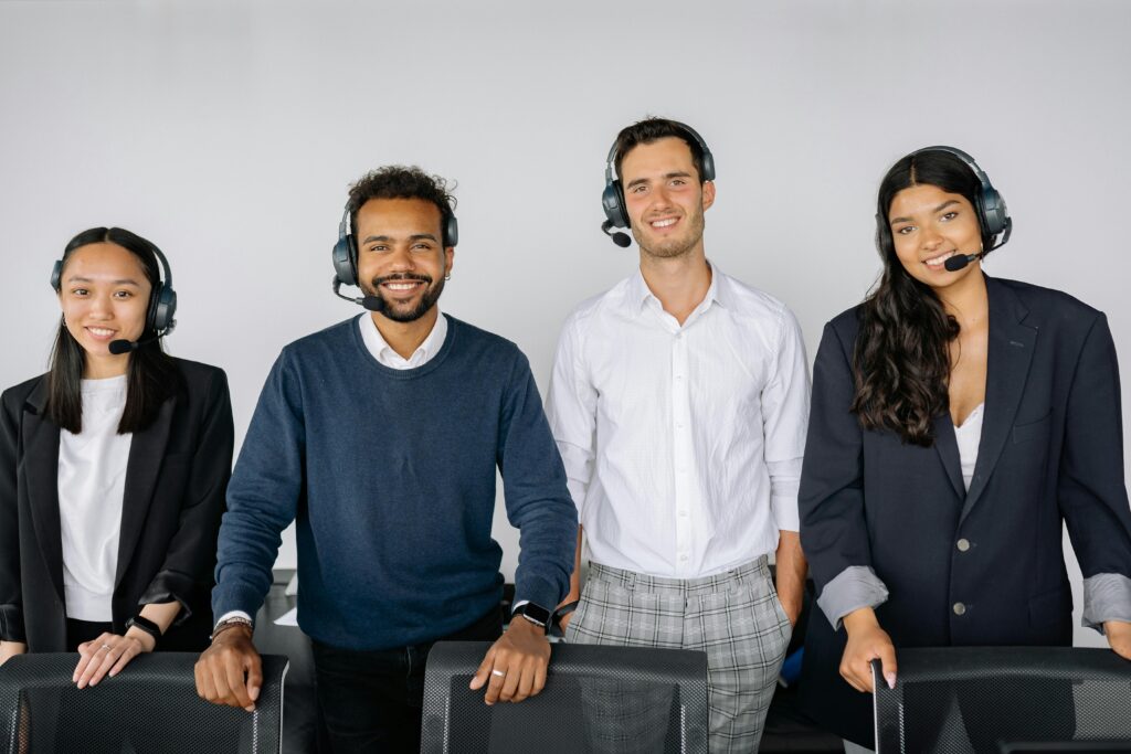 Professional customer service team wearing headsets